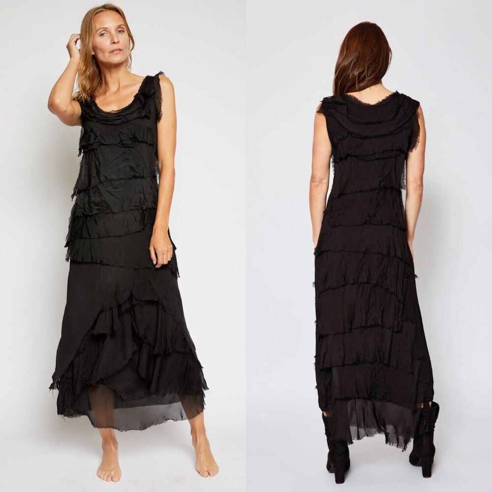 Elizabeth's Boutique Women Size M Black Silk Tiered Midi Dress Boho Whimsigoth